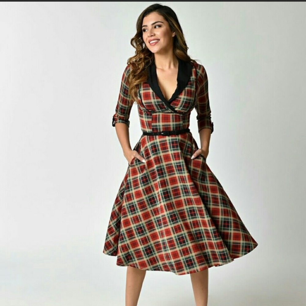 Unique Vintage 1950s Red Plaid Swing Dress